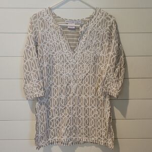GRETCHEN SCOTT EMBROIDERED TUNIC  XS  TAN/WHITE